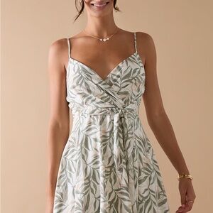 Blue Rain Leaf Print Mini Dress - Green and White